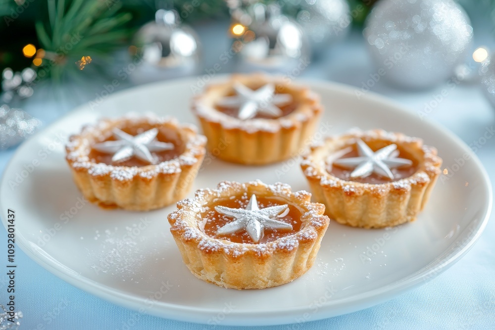 Delicious festive mince pies with star decoration on a white plate Delicious festive mince pies with star decoration on a white plate