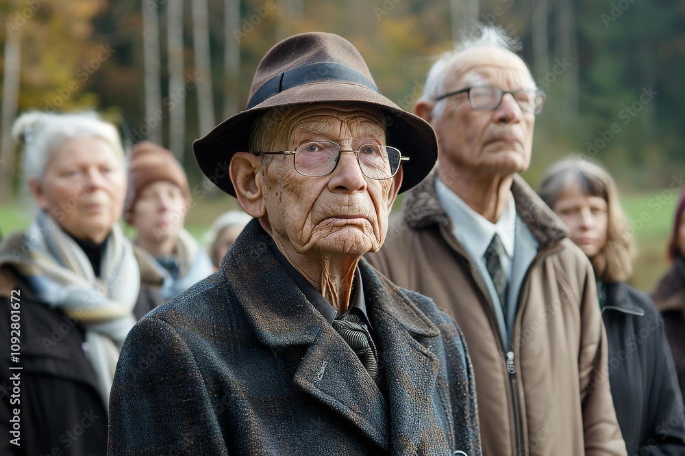 Old man in a hat and glasses on the background of the crowd of pensioners Old man in a hat and glasses on the background of the crowd of pensioners