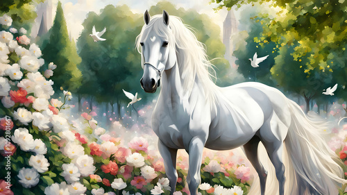A white horse is standing in a park full of flowers and a beautiful dove is sitting on top of it