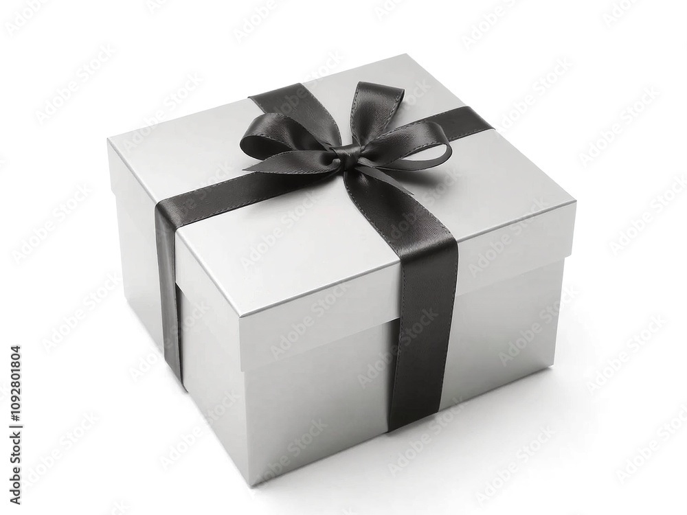 sleek, modern gift box in matte silver with sharp edges and a black satin ribbon. sleek, modern gift box in matte silver with sharp edges and a black satin ribbon.