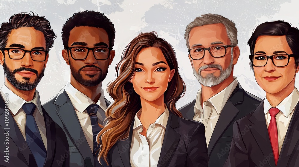 This image depicts a group of five individuals in professional attire, emphasizing collaboration and unity in a modern business environment with diverse backgrounds. This image depicts a group of five individuals in professional attire, emphasizing collaboration and unity in a modern business environment with diverse backgrounds.