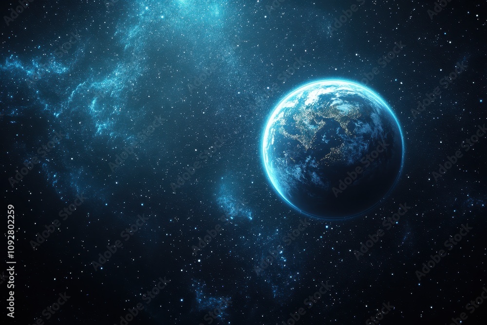 A breathtaking view of Earth illuminated by cosmic light amidst a starry outer space backdrop A breathtaking view of Earth illuminated by cosmic light amidst a starry outer space backdrop