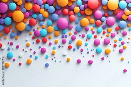 Here's a possible and keyword list for your image.. Colorful spheres cascading on white background.