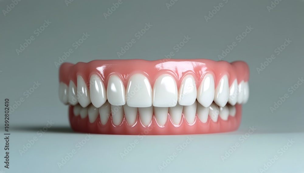 Obraz premium A detailed display of a complete set of artificial teeth in a dental setting
