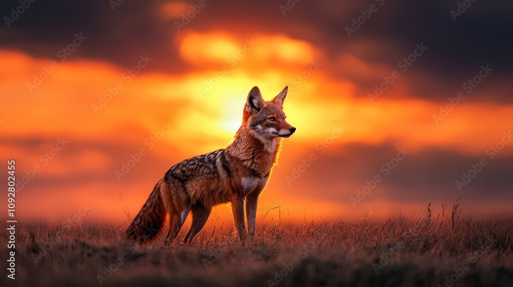 A Golden Jackal Standing Majestically in the Open Grasslands at Dusk, Capturing the Enchanting Glow of Sunset Amidst a Lush Natural Landscape A Golden Jackal Standing Majestically in the Open Grasslands at Dusk, Capturing the Enchanting Glow of Sunset Amidst a Lush Natural Landscape