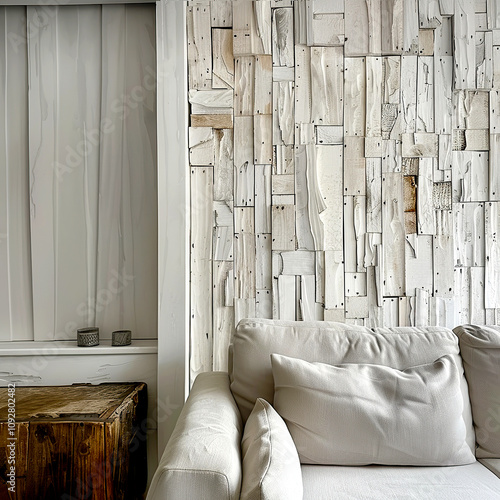 Minimalist home interior design of modern living room. Rustic chic living area showcasing raw wood panel plank wall, white sofa and natural-toned accents for a modern organic feel. photo