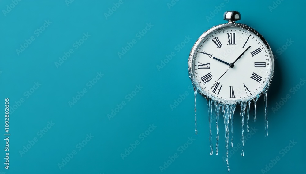 A clock with Roman numerals drips water, blending time and fluidity in a striking contrast A clock with Roman numerals drips water, blending time and fluidity in a striking contrast