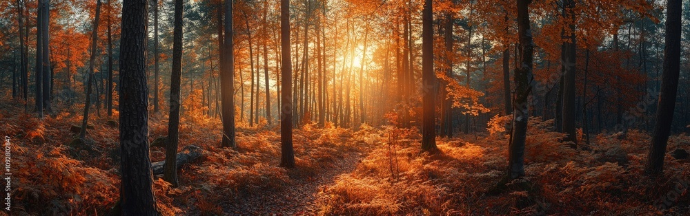 Scenic Autumn Forest View at Sunset with Mountain Range Scenic Autumn Forest View at Sunset with Mountain Range