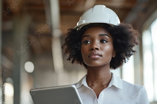 A focused female engineer in a white hard hat and casual outfit reviews plans on a digital tablet, conveying precision, innovation, and dedication to her field. photo