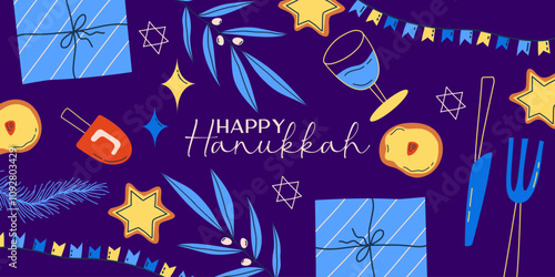 Hanukkah background for holiday. Candle, star and gift for happy hannukah. Vector illustration background