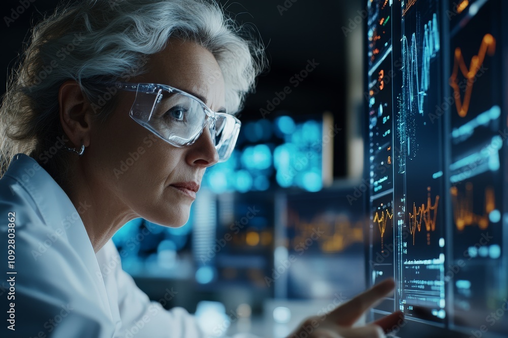 A focused scientist in a lab coat and safety glasses examines complex data visualizations on multiple high-tech digital screens in a modern laboratory setup. A focused scientist in a lab coat and safety glasses examines complex data visualizations on multiple high-tech digital screens in a modern laboratory setup.