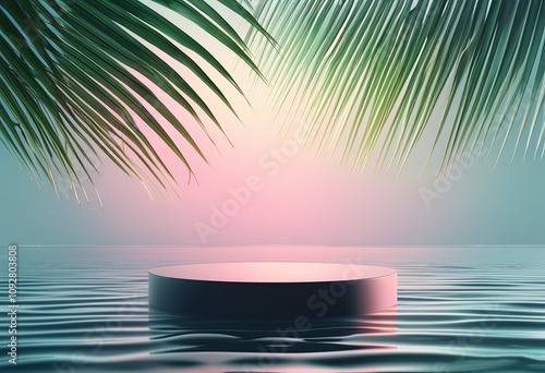 Blank podium placed against a serene ocean backdrop with subtle wave reflections and pulm leaves. Made with generative AI technology photo