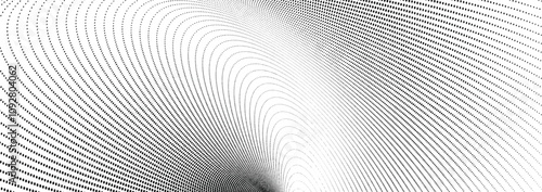 Abstract halftone vortex swirl pattern background, black and white dotted spiral geometric minimalist design illustration.