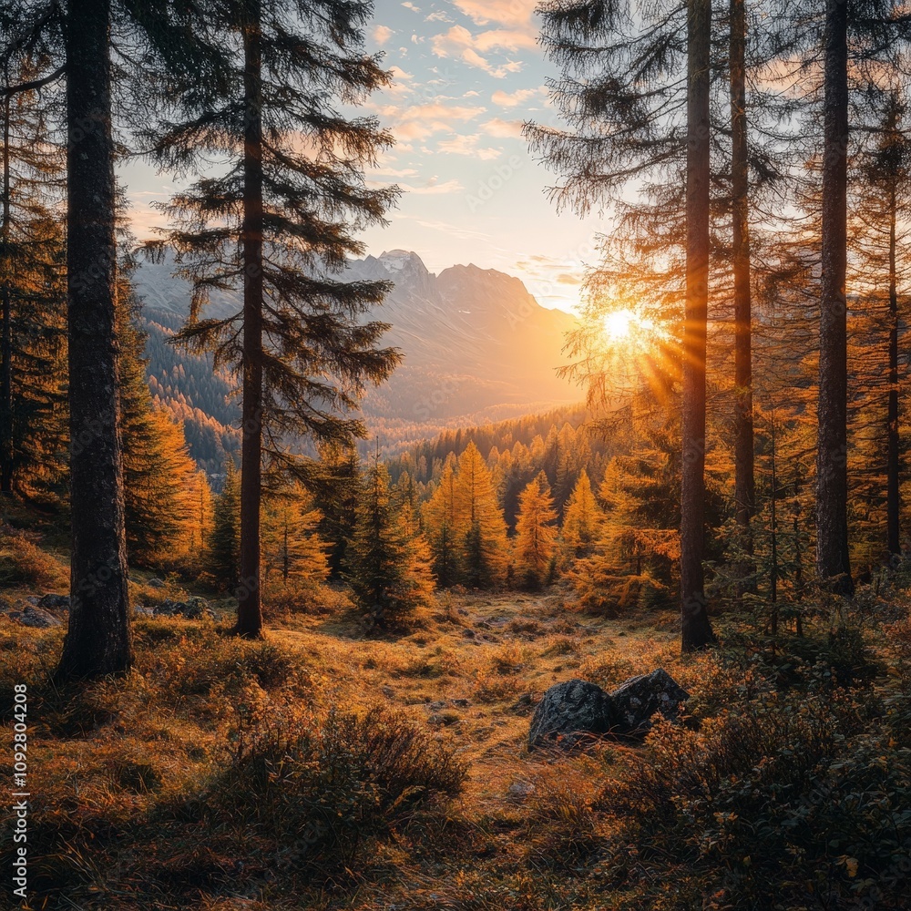 Scenic Autumn Forest View at Sunset with Mountain Range Scenic Autumn Forest View at Sunset with Mountain Range