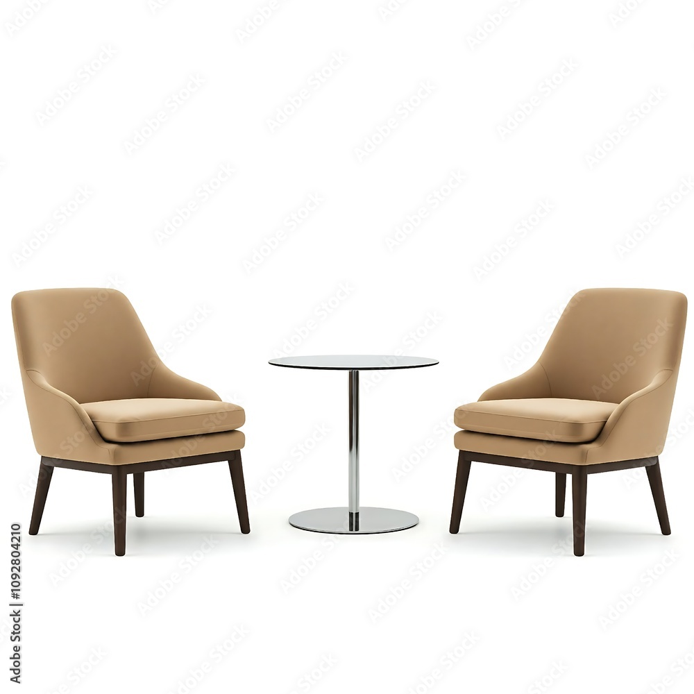 Fototapeta premium Two brown armchairs with round table isolated on white background, interior home decoration design
