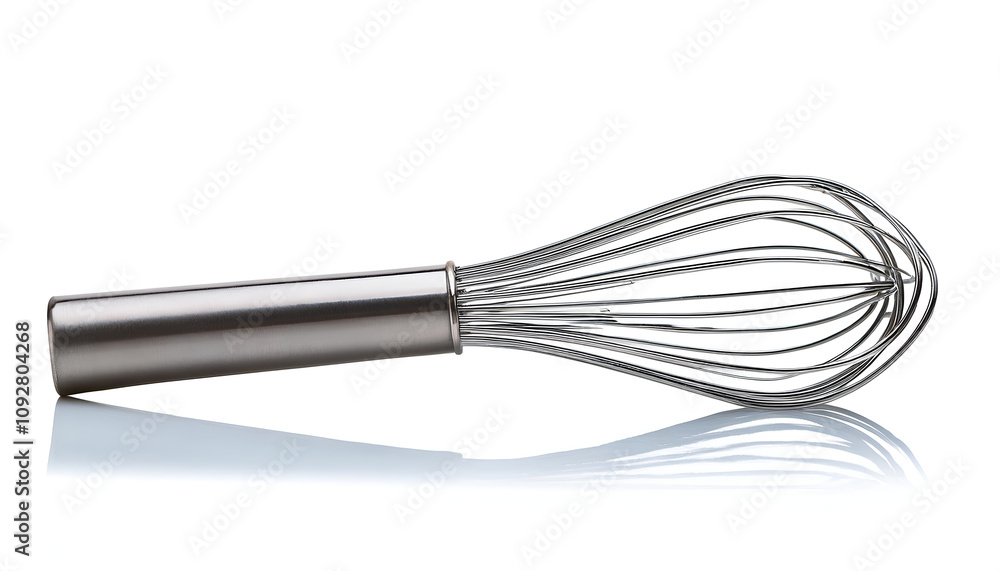 A stainless steel whisk rests on a reflective surface, showcasing its modern design. Ideal for beating, mixing, and blending in the kitchen. Perfect for cooking and baking enthusiasts.
