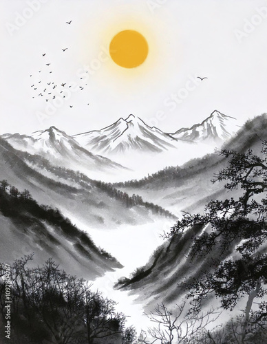 새해 첫 일출 수묵화 연하장 배경