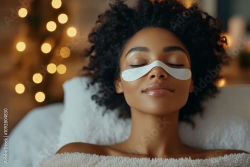 A serene woman relaxes on a comfortable surface with eye patches, highlighting the importance of self-care and relaxation in a tranquil environment. photo