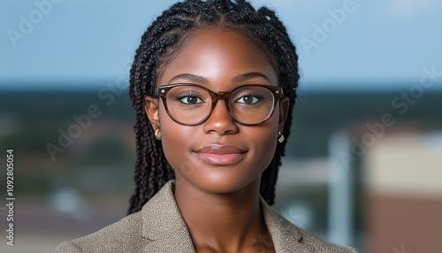 Confident young woman in glasses smiles, flaunting her professional style photo