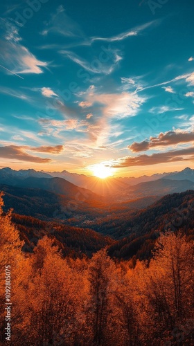 Scenic Autumn Forest View at Sunset with Mountain Range