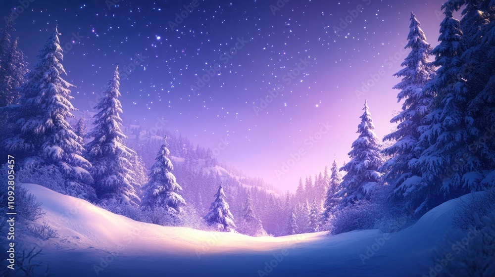 Naklejka premium A serene winter landscape with snow-covered trees and a starry night sky.