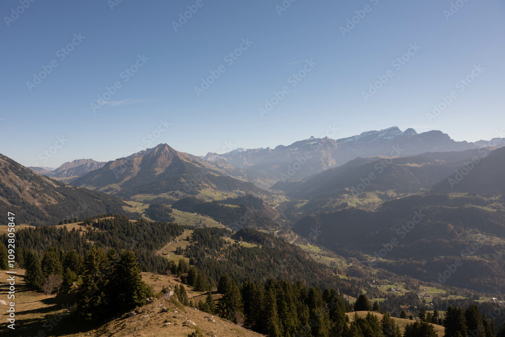Fototapeta premium Sunny Swiss landscape of mountians and forests