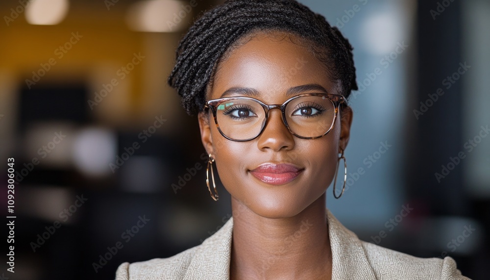 A young woman with glasses displays confidence while working in a contemporary office A young woman with glasses displays confidence while working in a contemporary office
