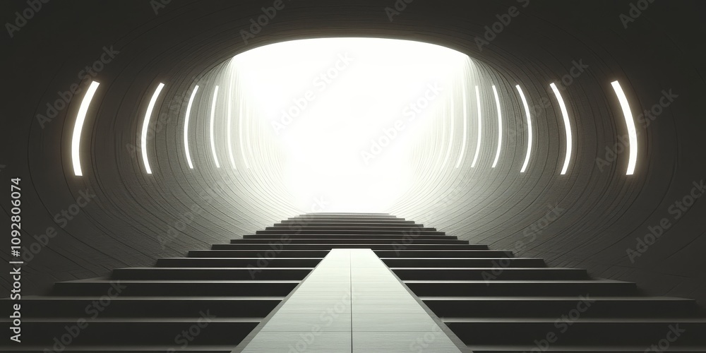 Naklejka premium Futuristic Tunnel with Bright Light at the End and Elegant Staircase Leading Upwards, Symbolizing Journey, Hope, and Transformation in a Modern Architectural Setting