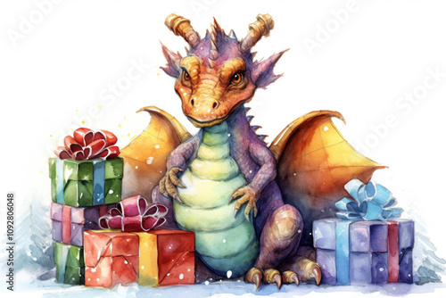 dragon on a white background and Christmas gifts, watercolor,., watercolor style, 