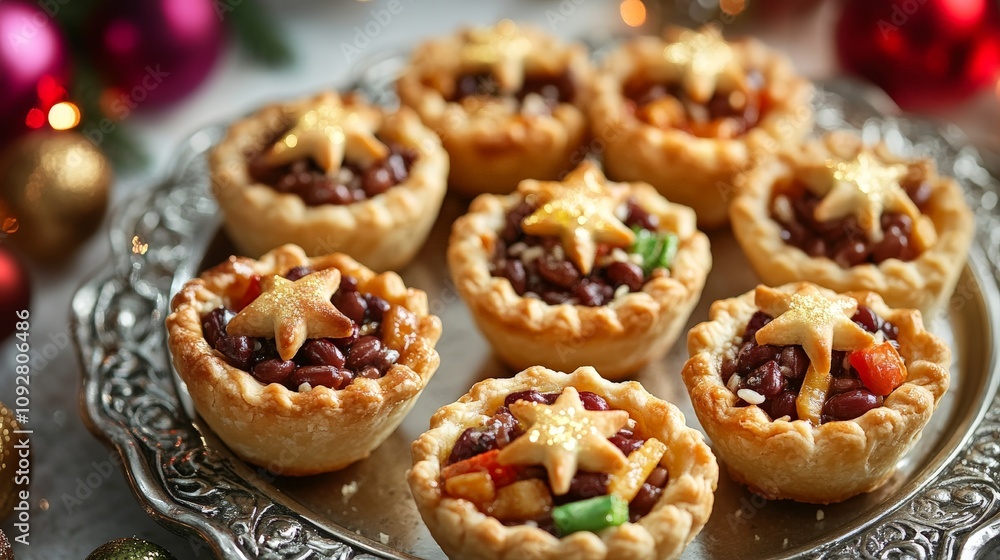 Festive holiday mince pies with star toppers and christmas decorations Festive holiday mince pies with star toppers and christmas decorations