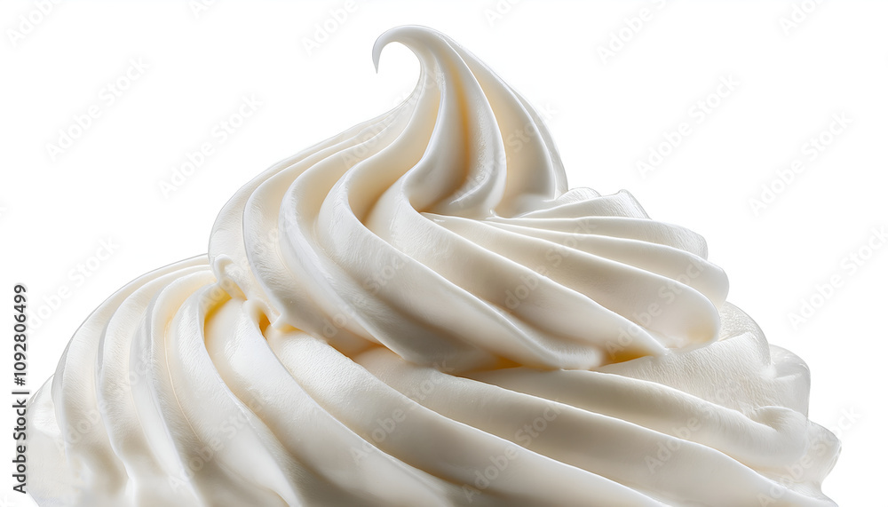 A close-up image of creamy, fresh whipped cream forming a beautiful swirl pattern on a light background. Ideal for food and dessert presentations. A close-up image of creamy, fresh whipped cream forming a beautiful swirl pattern on a light background. Ideal for food and dessert presentations.