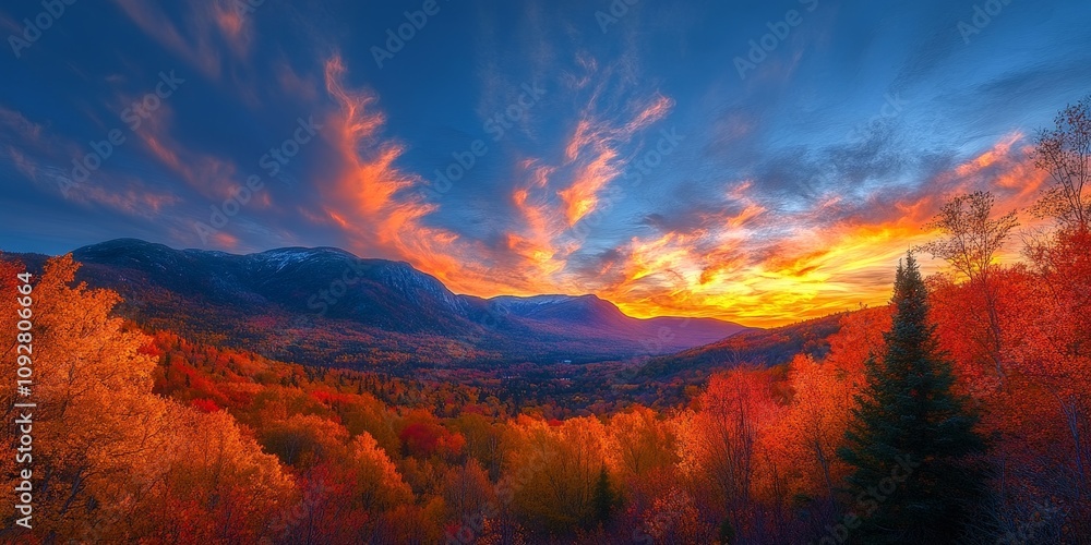 Fototapeta premium Scenic Autumn Forest View at Sunset with Mountain Range