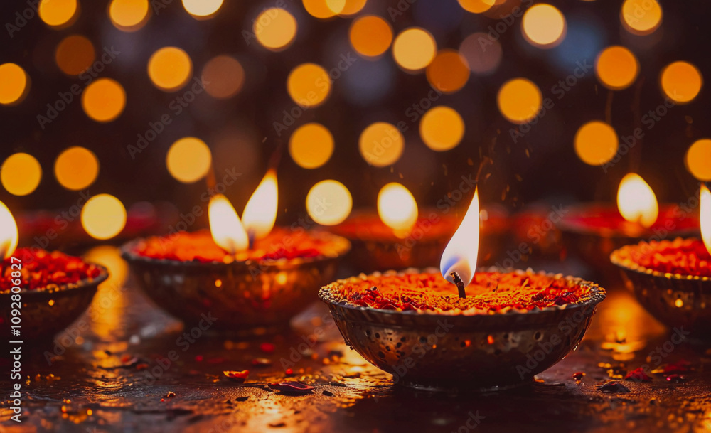 Group of candles are lit and arranged in small bowls on a table. The candles are evenly spaced and the bowls are of varying sizes. The candles are lit and the bowls are placed on a wooden surface Group of candles are lit and arranged in small bowls on a table. The candles are evenly spaced and the bowls are of varying sizes. The candles are lit and the bowls are placed on a wooden surface