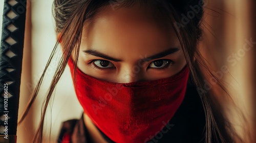 A woman with red eyes and a red mask holding a sword. photo