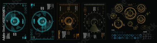 Vector set aerial targets, sights and devices for geolocation, detection objects and their destruction. Digital vector set of sights and target scanning. Futuristic UIHUD kit.  Set elements with radar