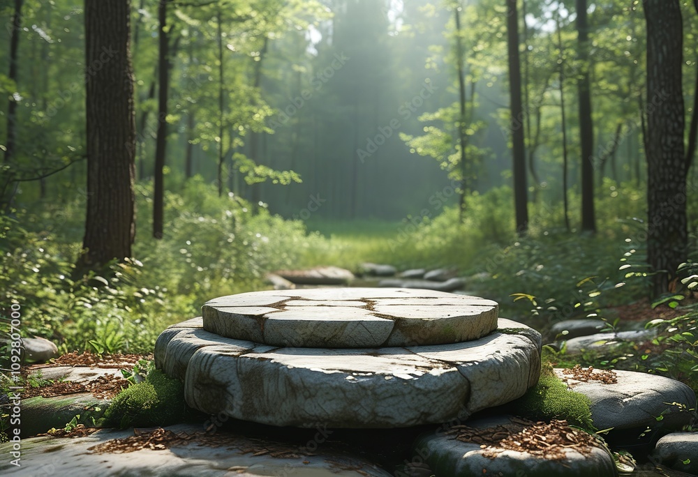 Empty podium on natural slate surrounded by forest greenery. Made with generative AI technology Empty podium on natural slate surrounded by forest greenery. Made with generative AI technology