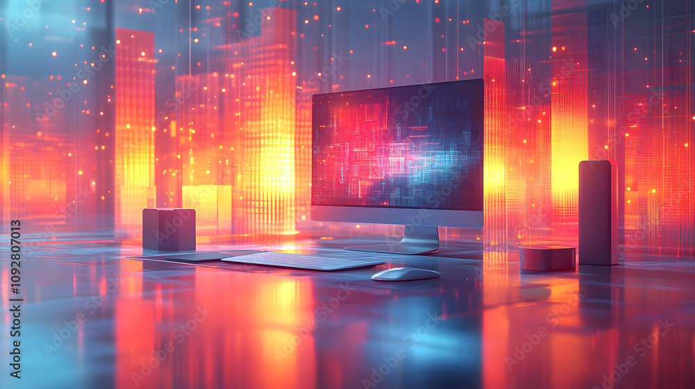Futuristic Workspace Focused on Conversion Optimisation with a Cool and Vibrant Background Futuristic Workspace Focused on Conversion Optimisation with a Cool and Vibrant Background