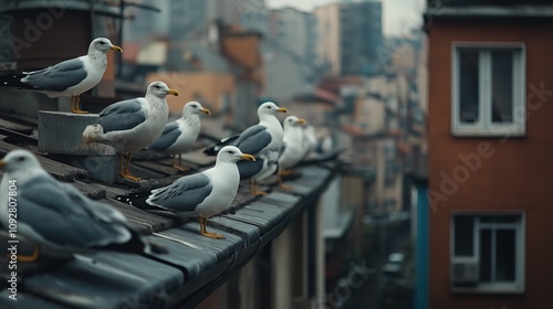 A row of seagulls perched on a rooftop in an urban setting. photo