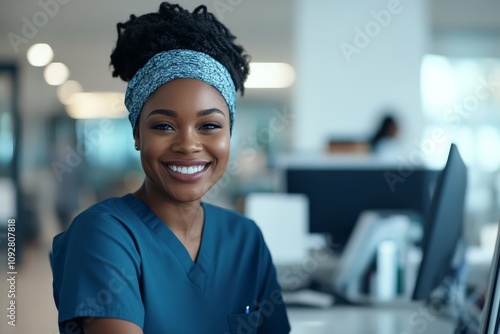 A smiling healthcare professional in a hospital environment, exuding warmth and commitment to patient care, representing dedication and compassion in medical services.