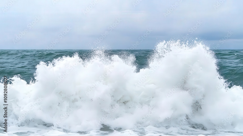 Fototapeta premium Energetic splashes of waves colliding during a turbulent sea, turbulent wave energy, chaotic ocean splash