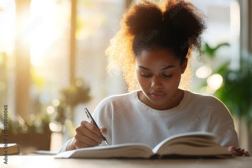 A focused young woman diligently studies at a sun-drenched desk, deeply engrossed in her open book, embodying dedication, learning, and the pursuit of knowledge. A focused young woman diligently studies at a sun-drenched desk, deeply engrossed in her open book, embodying dedication, learning, and the pursuit of knowledge.