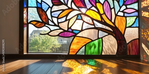 A vibrant stained glass window depicting a tree, casting colorful reflections on the floor.