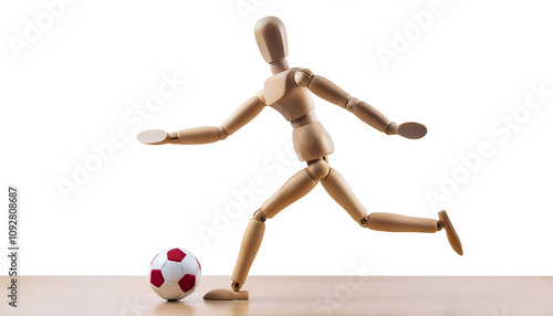 A wooden mannequin kicks a soccer ball, simulating a playful sports action scene. The minimalist setup on a wooden table highlights the dynamics of movement.