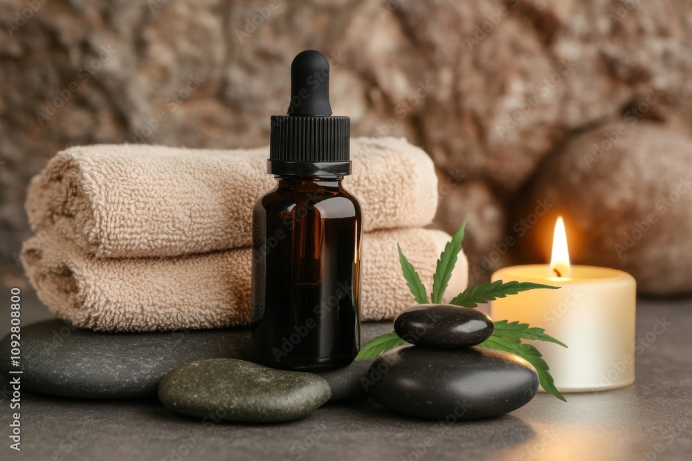 spa wellness retreat, a serene spa ambiance featuring cbd oil from natural hemp, paired with soft stones, soothing candles, and a gentle water fountain spa wellness retreat, a serene spa ambiance featuring cbd oil from natural hemp, paired with soft stones, soothing candles, and a gentle water fountain
