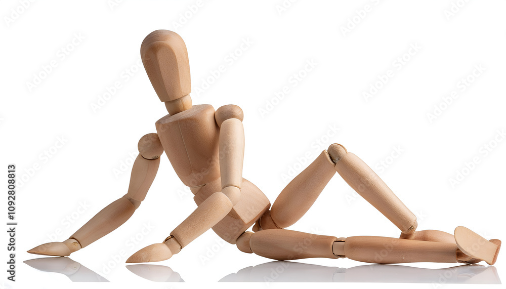 A wooden mannequin relaxing on a white background, embracing minimalism and creativity in art and design. A wooden mannequin relaxing on a white background, embracing minimalism and creativity in art and design.