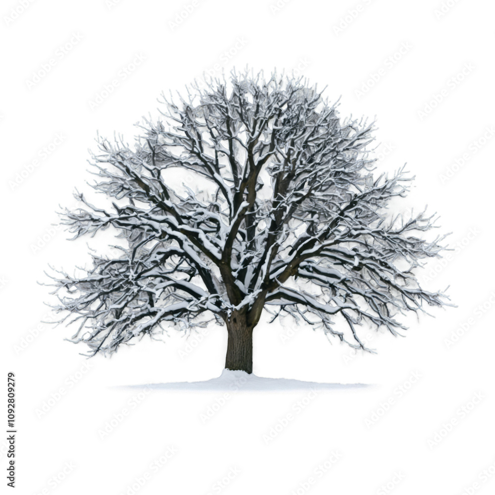 Fototapeta premium Snow covered tree stands tall in a serene winter landscape during a calm afternoon