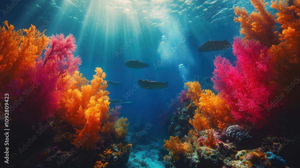 Naklejka premium Vibrant coral reef with fish swimming in sunlit water.