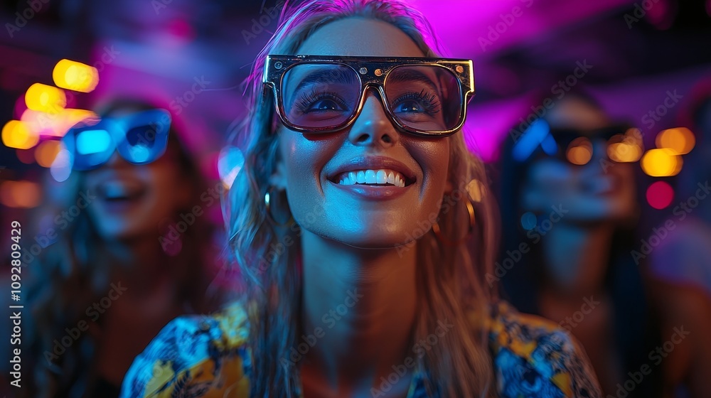 Joyful women enjoying a night out with vibrant lighting and sunglasses Joyful women enjoying a night out with vibrant lighting and sunglasses
