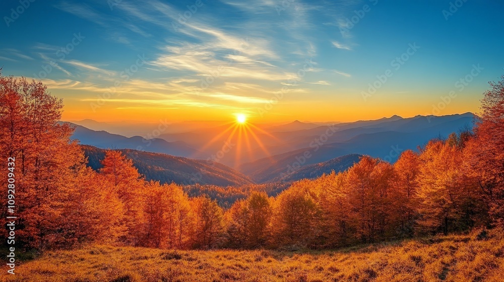 Naklejka premium Scenic Autumn Forest View at Sunset with Mountain Range
