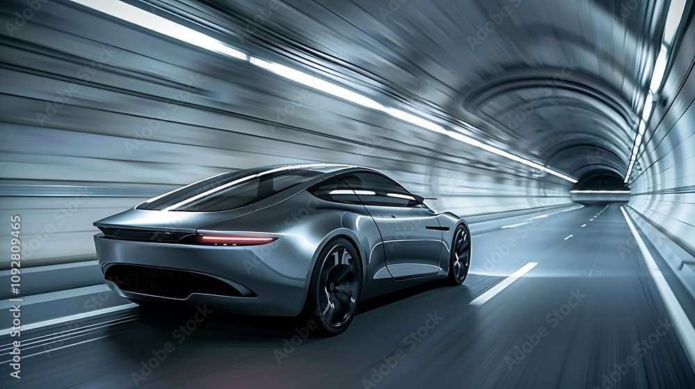 A sleek, futuristic car speeds through a modern tunnel, showcasing innovation and design. A sleek, futuristic car speeds through a modern tunnel, showcasing innovation and design.
